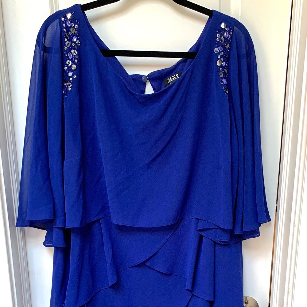 "SLNY" ROYAL BLUE FLOWY CHIFFON DRESS PLUS SIZE 24W WITH BEADED EMBELLISHMENT